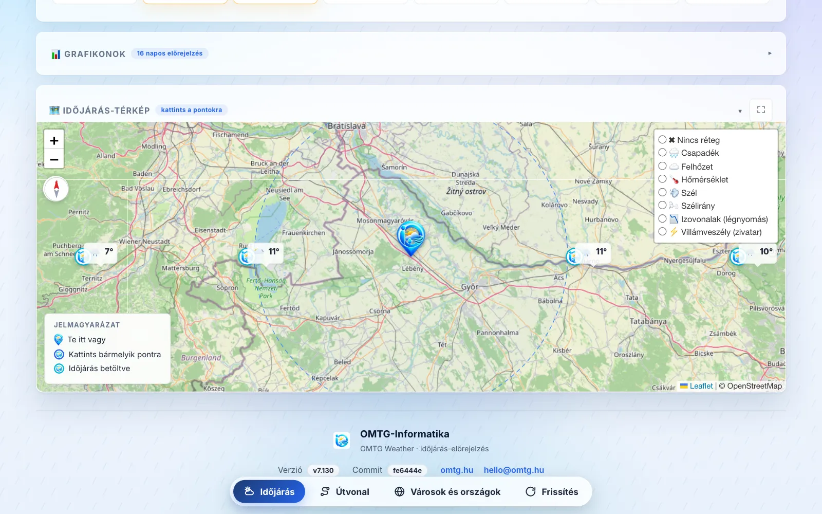 Időjárás-térkép rétegekkel: csapadék, felhő, szél, villámveszély