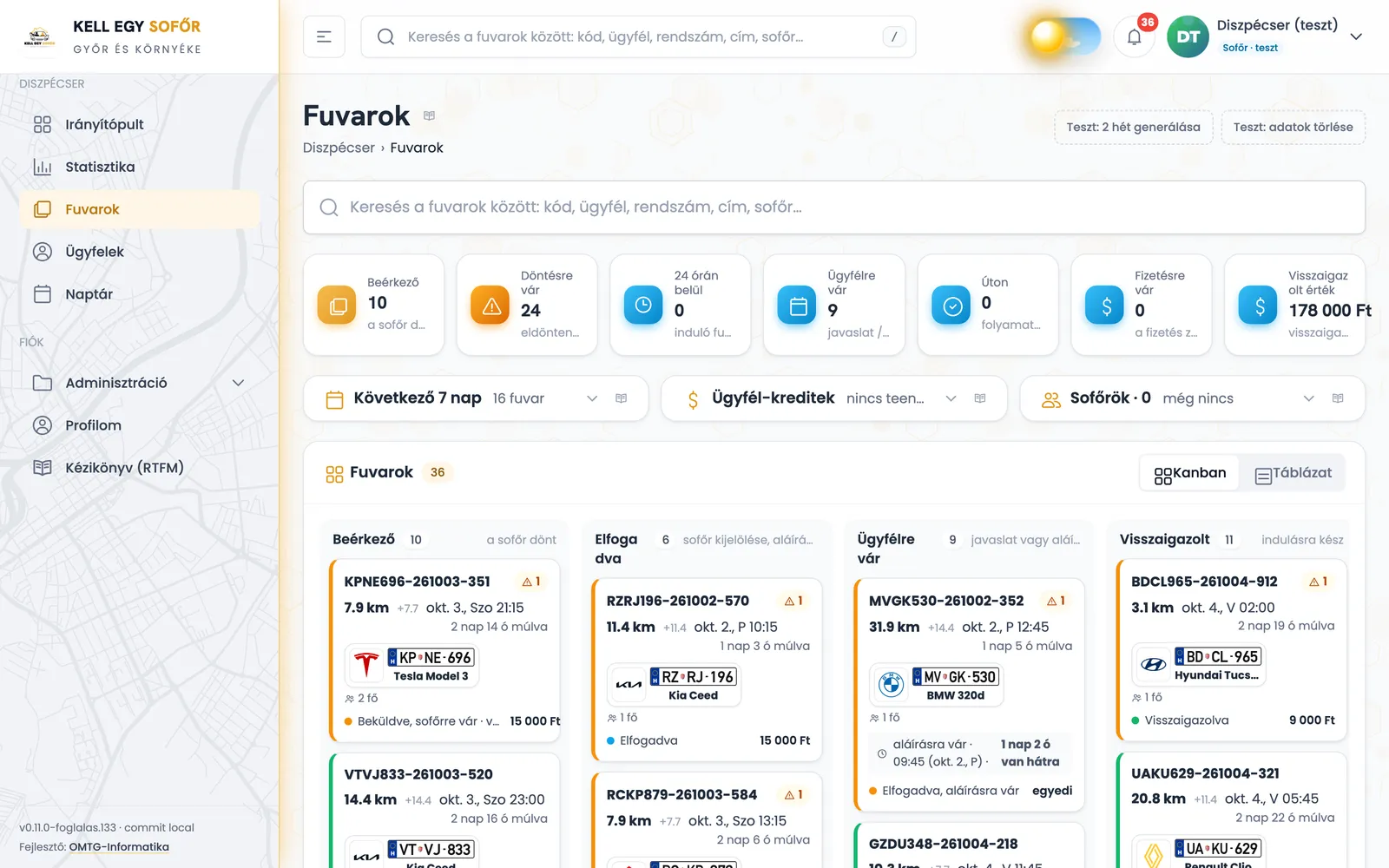 Fuvarok kanban táblán: beérkező → elfogadva → ügyfélre vár → visszaigazolt