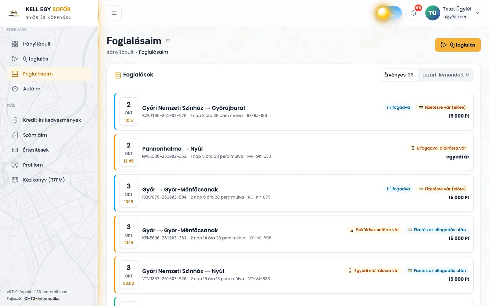 Ügyfélfiók – foglalásaim, állapotokkal és díjjal