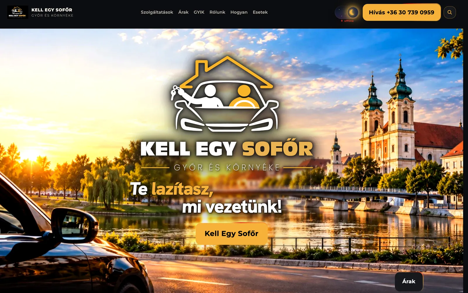 Bemutatkozó oldal éjjeli nézetben – a téma napkeltekor és napnyugtakor magától vált