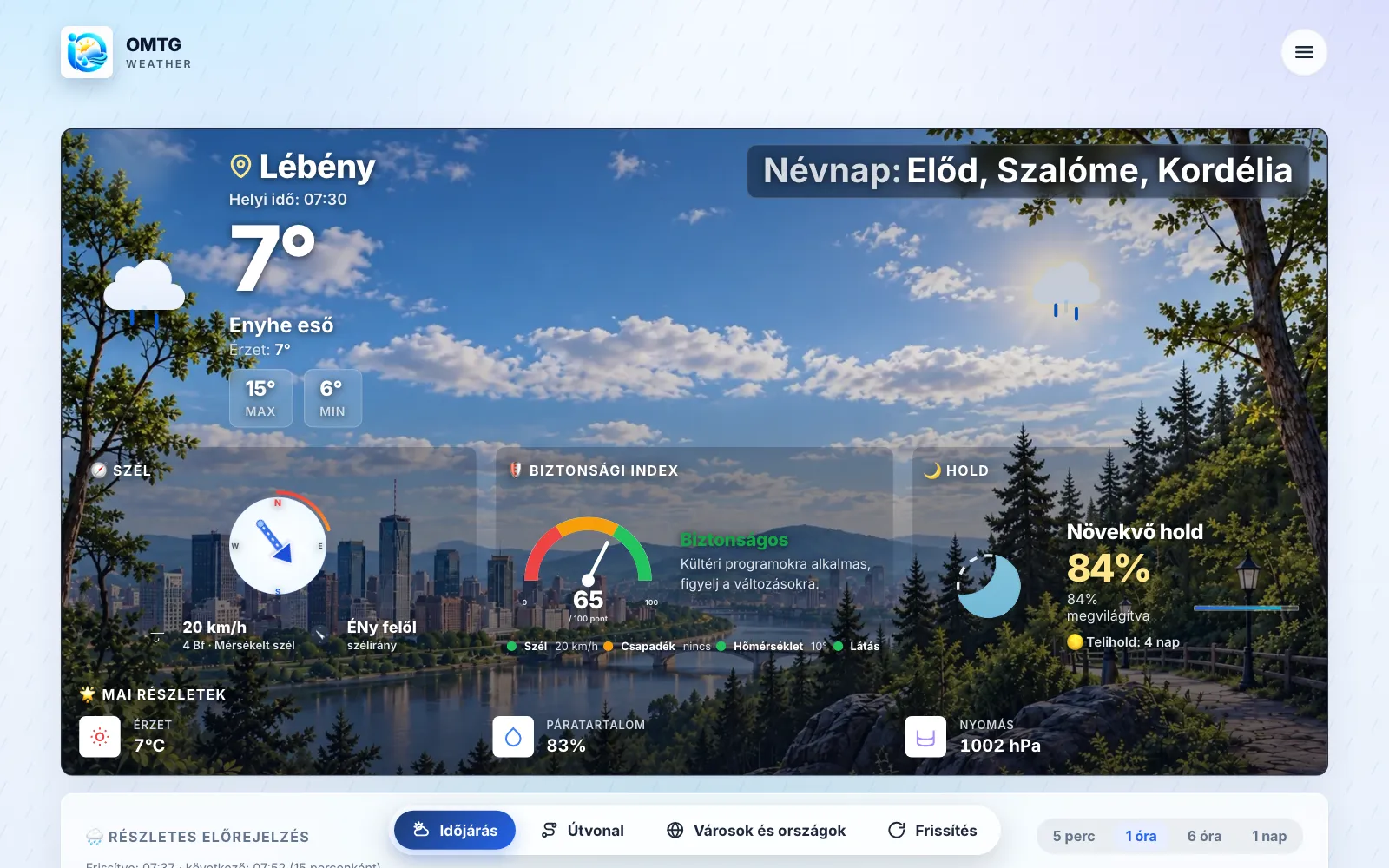 Most: animált jelenet, szél, biztonsági index, holdfázis és névnap
